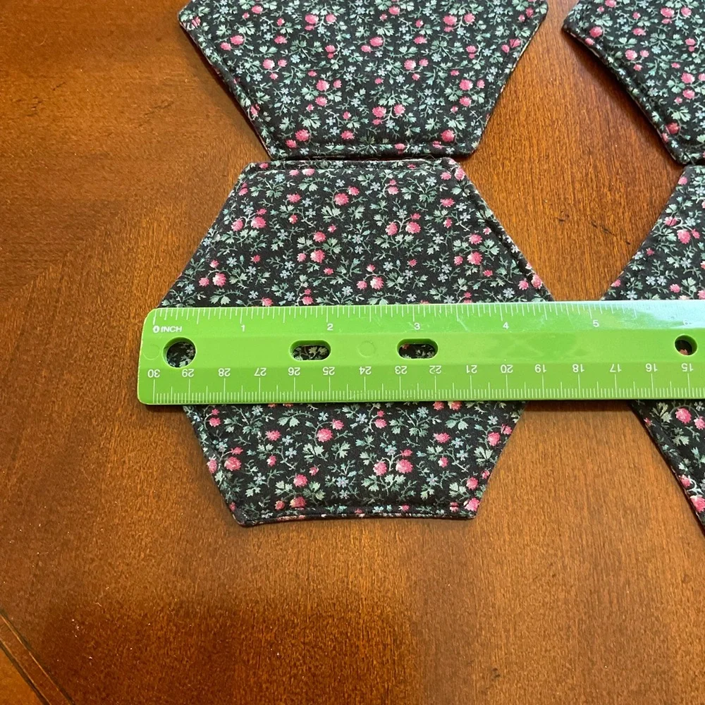 Hand Quilted Floral Hexagon Coasters Two Sided Designs, Set of Six, GORGEOUS NEW